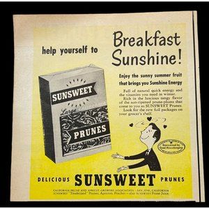 Sunsweet California Prunes Print Ad Vintage 1955 Breakfast Sunshine Food Decor